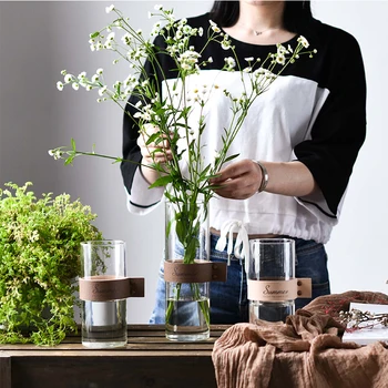Stil Nordic din Piele Vaza de Sticla Transparent Masă Ghiveci de flori Acasă Decorare Nunta Accesorii Pentru Living Officeroom
