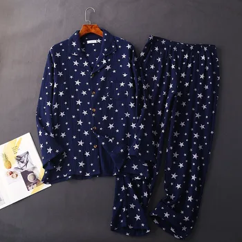 Japoneze primăvara și toamna cupluri bumbac crepe pijamale butonul costum casual barbati cu mâneci lungi, pantaloni, pijamale de casă femeile de serviciu