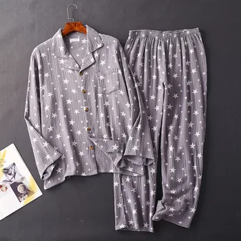 Japoneze primăvara și toamna cupluri bumbac crepe pijamale butonul costum casual barbati cu mâneci lungi, pantaloni, pijamale de casă femeile de serviciu