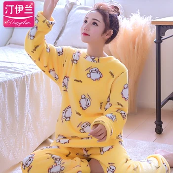 Coreea Drăguț Feminin Pijamale Toamna Iarna Homewear Mobilier Flanel Cu Mâneci Lungi Costum Îngroșat Coral Fleece Sleepwear B-5987