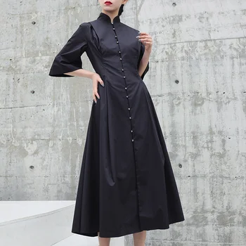 Cakucool 2019 noi bumbac rochie stil ornamental rochie subțire stil Chinezesc mici verticale guler cinci mâneci negru mediu rochie lunga