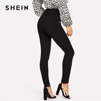SHEIN Negru Birou Doamnă Elegant Solid Buzunar Butonul Detaliu Talie Mare Skinny Morcov Pantaloni de Toamna de Moda de îmbrăcăminte de Lucru pentru Femei Pantaloni