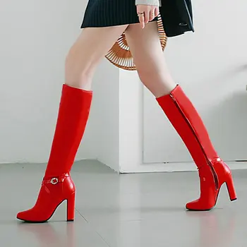 Roșu Negru Femei Cizme Genunchi Ridicat De Moda De Iarnă Catarama Curelei Indesata Tocuri Inalte Cizme Femeie Partid Cizme Lungi 2020 Pantofi De Toamnă
