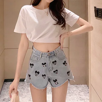 DISNEY pantaloni femei de vară 2020 versiunea coreeană a noua femei gaura Mickey print denim largi picior pantaloni scurți de blugi pentru femei