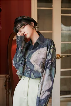 CHEERART Toamna Pictura Verde Bluza cu Maneci Lungi Femei Butonul de Sus Tricou Vrac Florale de Imprimare de Moda de Epocă Sus se Încadrează În 2020 Haine