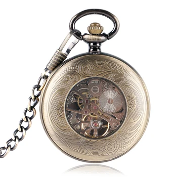 SHUHANG Schelet Ceasuri Fasgion Scut Caz de Lux Mecanice Vânt Ceas de Buzunar Elegant Bronz Vintage pentru Femei Cadouri pentru Bărbați