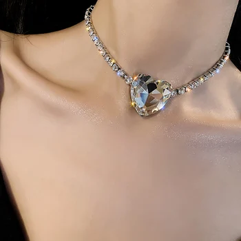 Cravată Strălucire Mare Geometrice Inima De Cristal Colier Cu Pandantive Gât Stras Zircon Femei Clavicula Lanț Doamna Feminino Guler