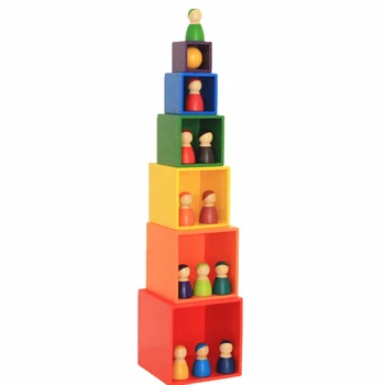 Montessori Curcubeu Forma Bloc Cuiburi Din Lemn Multi-Funcția De Formare Waldorf Blocuri Colorate Cub Cutii Jucarii Din Lemn Pentru Copii