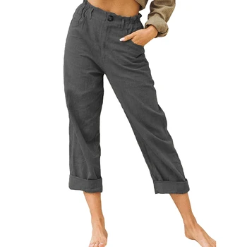 Femei Casual cu Talie Înaltă, Buzunare Lenjerie de pat din Bumbac Lung și Drept Pantaloni Pantaloni Largi Regulat Casual Culoare Solidă cu Buzunare Regular