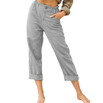 Femei Casual cu Talie Înaltă, Buzunare Lenjerie de pat din Bumbac Lung și Drept Pantaloni Pantaloni Largi Regulat Casual Culoare Solidă cu Buzunare Regular