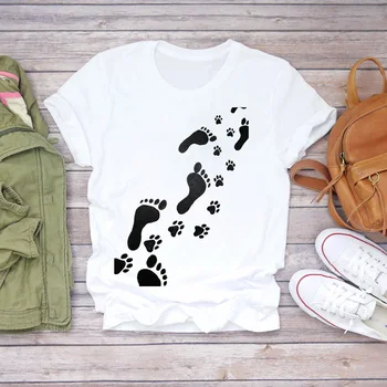 Femei T-shirt Pisică Câine Laba Scrisoare Dulce 90 de Imprimare Animale Doamnelor Imprimare Lady Femei Graphic Top T Cămașă Femei Tee T-Shirt