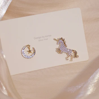 Coreeană Fasion Creative Asimetrie Unicorn Femei Cercei AAA Bling Zircon Luna Stele Stud Cercei Bijuterii de Nunta pentru Mireasa