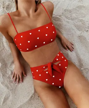 Femei Sexy Strappy Căptușit cu Push-up Inima Print Bikini Seturi de Vară pe Plajă cu Centură Bandaj de Talie Mare de costume de Baie Costum de Baie Beachwear