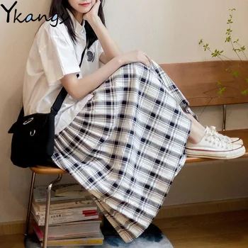 Vintage Alb Carouri Plisate Fuste Lungi Elastic Talie Mare Femei 2020 coreean Bumbac Fusta harajuku Streetwear Fusta Midi saias