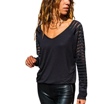 Noua Toamna Femeie Tricouri Dimensiuni Mari de Culoare Solidă V-Neck Gol Dungi cu Maneci Lungi Vrac Estetice Toamna Femei de Îmbrăcăminte 2020