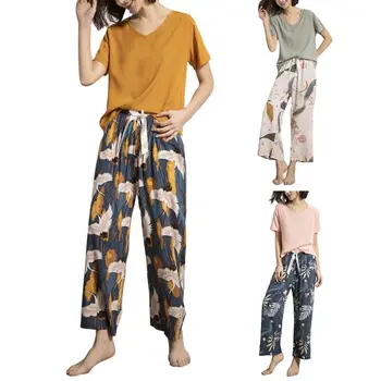 Femei Vara 2 Bucata Set De Pijama De Culoare Short Sleeve V-Neck Pulover Vârfurile Florale Lungi, Pantaloni De Pijamale Bowknot Acasă Haine De Casă