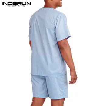 INCERUN 2021 Bărbați Seturi Solid V-Neck Maneca Scurta Streetwear Butonul Pijamale cu pantaloni Scurți de Vară Mens Pijamale Potrivi Plus Dimensiune Homewear