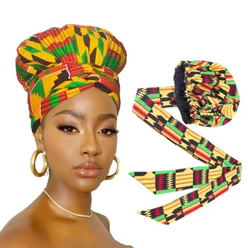 2020 Nou African Print Satin Capota cu Panglică Lungă Cap Înfășurați Femei Dublu Strat Turban Ankara Model Capacul de Păr Accesorii
