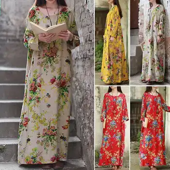 ZANZEA Plus Dimensiune Vintage Florale Imprimate Rochie Lunga pentru Femei de Toamna Sundress Retro Maneca Lunga Bumbac Lenjerie de Vestido Caftan Femme