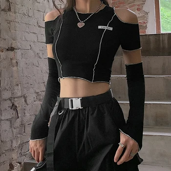 E-Fata Stil Mozaic Negru T-Shirt Gotic Gol Maneca Y2k Culturilor Topuri Cu Volane Tiv Hip Hop Streetwear Femei Tees