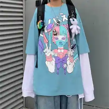 Harajuku dulce tricou femei t shirt ins împletit fals două piese de desene animate de imprimare vrac gât rotund student cu mâneci lungi t-shirt