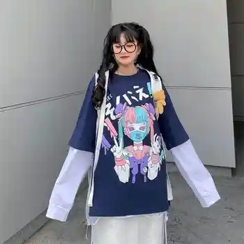 Harajuku dulce tricou femei t shirt ins împletit fals două piese de desene animate de imprimare vrac gât rotund student cu mâneci lungi t-shirt