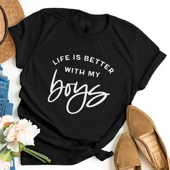 Viața Este mai Bine Cu Băieții Mei Imprimat Bumbac pentru Femei T Shirt Mama Viața O-Gât Pulover cu Maneci Scurte Topuri Cadou de Ziua Mamei Tees