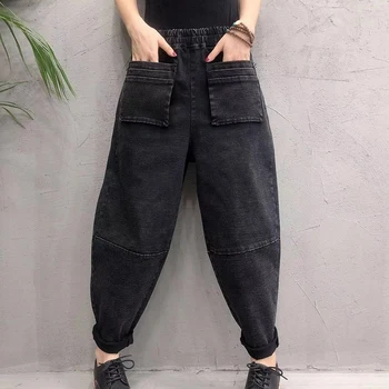 Primăvara Nou Coreea Moda Femei Vrac Casual, Din Bumbac Denim Pantaloni Harem Talie Elastic Dublu De Buzunar Vintage Blugi Negri S609