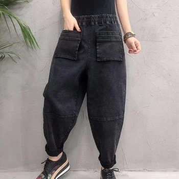 Primăvara Nou Coreea Moda Femei Vrac Casual, Din Bumbac Denim Pantaloni Harem Talie Elastic Dublu De Buzunar Vintage Blugi Negri S609