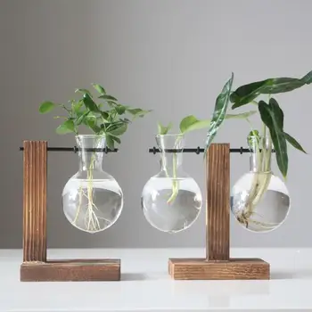 Nordic Decor Desktop Sticlă Planta Bonsai Vaza de Flori cu o Tavă de Lemn Hidroponice de Plante Vase de Sticlă de Epocă Ghiveci