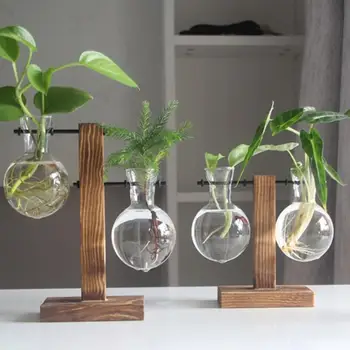 Nordic Decor Desktop Sticlă Planta Bonsai Vaza de Flori cu o Tavă de Lemn Hidroponice de Plante Vase de Sticlă de Epocă Ghiveci