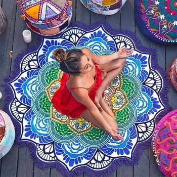 Femei Șic Ciucure Indian Mandala Tapiserie Lotus Tipărite Boem Plaja Mat Yoga Mat Cremă Rotund Bikini Acoperire Pătură