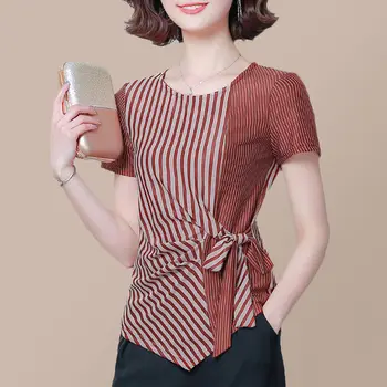 Femei Primavara-Vara Stil Bluze Tricou Femei Mozaic cu Dungi Dantelă Maneca Scurta O-gât Subțire Elegant Topuri SP021