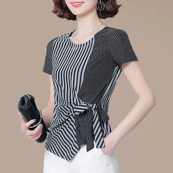 Femei Primavara-Vara Stil Bluze Tricou Femei Mozaic cu Dungi Dantelă Maneca Scurta O-gât Subțire Elegant Topuri SP021