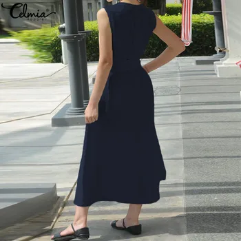Celmia 5XL Femei Dantela Vintage Maxi Rochie de Vară 2021 Sexy V Gâtului fără Mâneci Lung Sundress cu Centură Vrac Petrecere Vestidos Plus Dimensiune