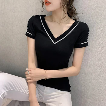 Moda de vara Haine coreene tricou V-Neck Diamante Femei Topuri Ropa Mujer Bumbac Tricou Sexy Gol Afară Teu În 2020 Nou T04911