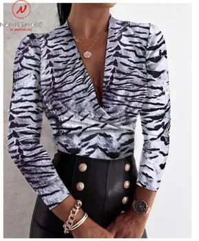 Femei Sexy Primavara Toamna T-Shirt Design Mozaic V-Neck Maneca Lunga Leopard, Tigru Scrisoare Starry Sky Print Slim Pulovere Top