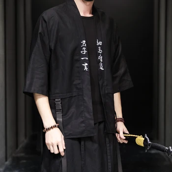 Lenjerie De Pat Din Bumbac Stil Chinezesc Bărbați Kimono Cardigan Tricou Harajuku Scrisoare Broderie Streetwear Barbati Jacheta Subtire De Vară 2021 Negru