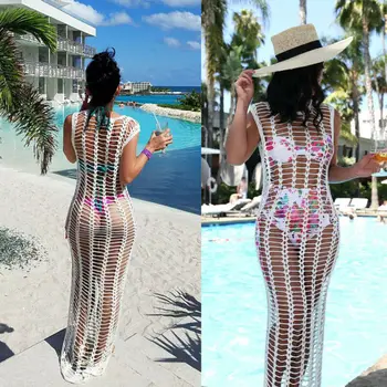 2019 Gol Sexy Bikini Femei Croșetat Plaja Acoperi Fără Mâneci Subțire Fishnet Sarong Folie De Bikini Manual Halat Lung