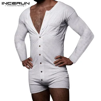 INCERUN Bărbați Pijamale Salopetă de Culoare Solidă Maneca Lunga Butonul de Fitness de Agrement Homewear Bărbați Salopeta Sleepwear Butonul Confortabil îmbrăcăminte de noapte