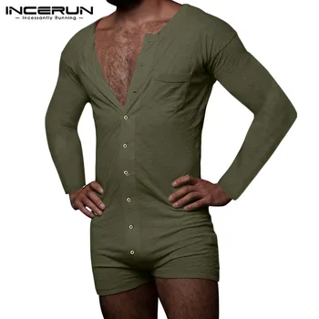 INCERUN Bărbați Pijamale Salopetă de Culoare Solidă Maneca Lunga Butonul de Fitness de Agrement Homewear Bărbați Salopeta Sleepwear Butonul Confortabil îmbrăcăminte de noapte