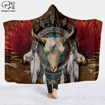 Negru Nativ Indian Lakota Craniu de bivol soldat cu Gluga Pătură 3D completă de imprimare Portabil Pătură Adulți Copii stil-1