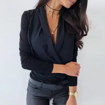 Toamna Femei Sexy Adânc V Office Camasa Bluza Solid Casual cu Maneci Lungi Folie de Bluze de Iarna Doamnelor Negru Alb Munca OL Tricouri Topuri