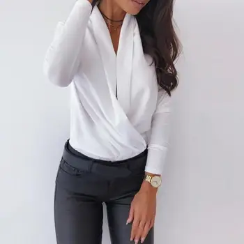 Toamna Femei Sexy Adânc V Office Camasa Bluza Solid Casual cu Maneci Lungi Folie de Bluze de Iarna Doamnelor Negru Alb Munca OL Tricouri Topuri
