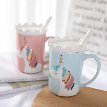 Creative 3D Relief Glod Unicorn Cana de Cafea cu Lingura si Capac Coroana consumul de Cafea Ceasca de Ceai Cadou
