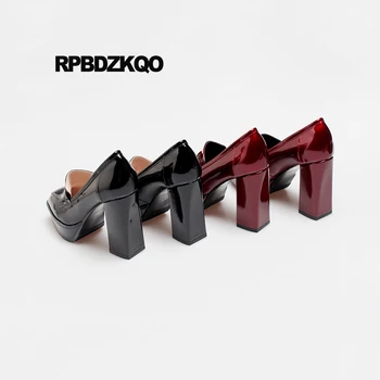 Platforma noua din piele bloc femei tocuri inalte 2019 vin roșu de calitate brevet european pantofi de designer, pantofi negri deget de la picior pătrat