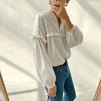 Primăvară-coreean Chic Roz Alb Rotund Gat Bluze Single-breasted Falduri Cusătură Liber Versatil Cămașă cu mâneci Lungi de Femei Topuri