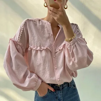 Primăvară-coreean Chic Roz Alb Rotund Gat Bluze Single-breasted Falduri Cusătură Liber Versatil Cămașă cu mâneci Lungi de Femei Topuri