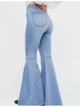 Talie mare Albastru Întindere Flare Jeans Funduri Femei Bell Elastic Mozaic Haine din Denim Jeggings Doamnelor Pantaloni Vintage 0099