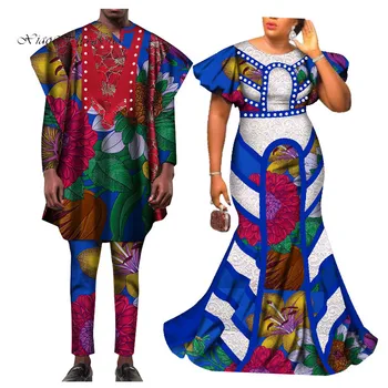 2020 din Africa de Îmbrăcăminte din Africa Rochii pentru Femei Bazin Cămașă și Pantaloni Barbati 3 Piese Seturi de Cupluri Iubitor de Haine Rochie de Imprimare WYQ423